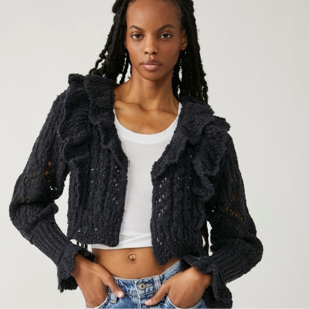 Free People Black Ruffled Cardigan
